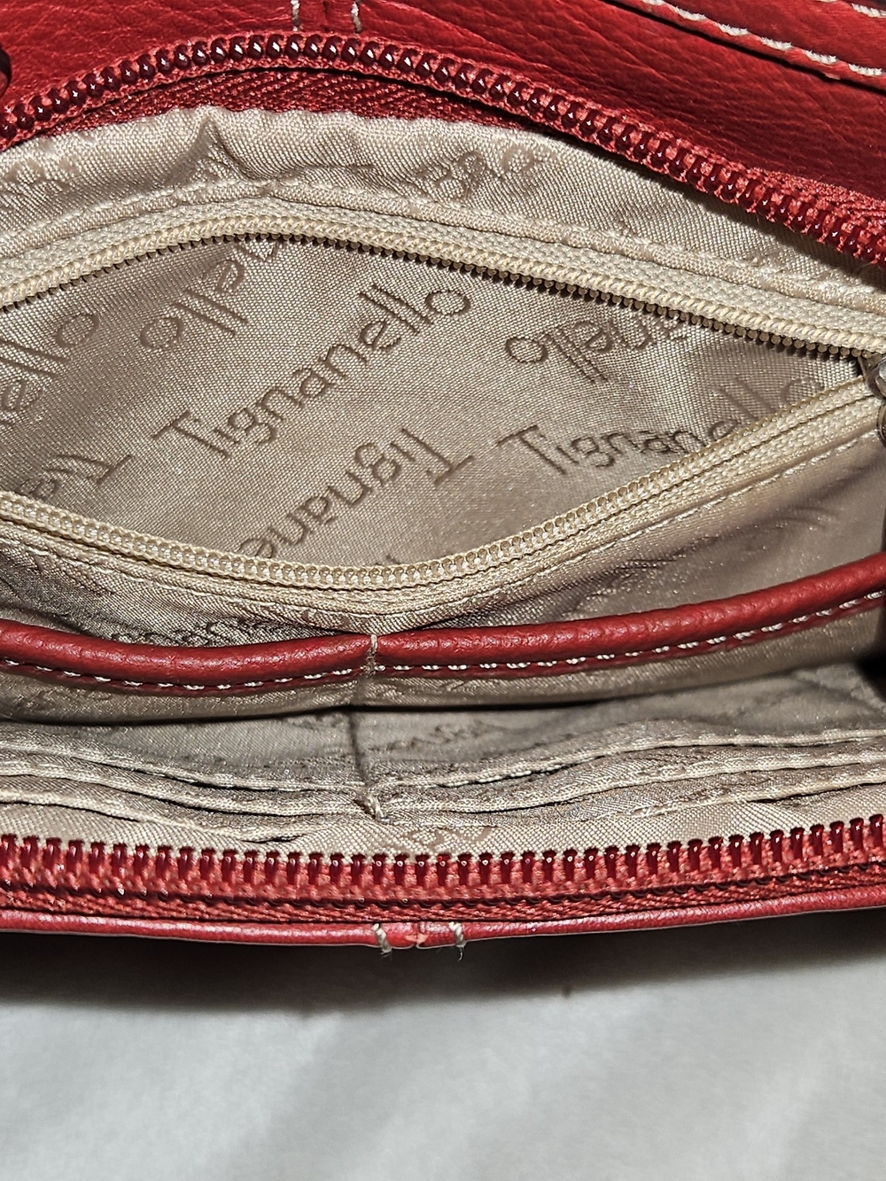 Tignanello Red Leather Crossbody with Front Zip Pockets - Picture 12 of 13